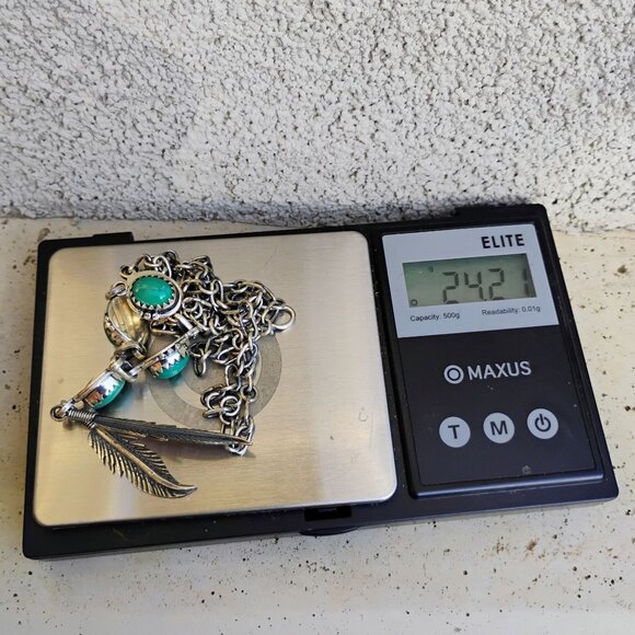 Southwest Native Style Turquoise Sterling Silver Feather Dangle Lariat Necklace - Picture 6 of 9